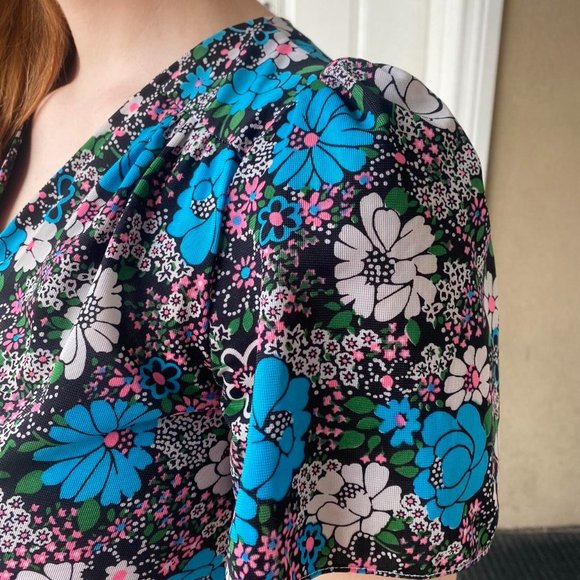 1970s Black Floral Short Maxi Dress - Picture 2 of 4